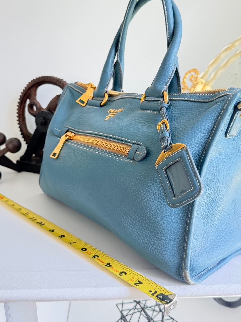 Prada Blue Pebbled Leather Dome Satchel with Gold Hardware